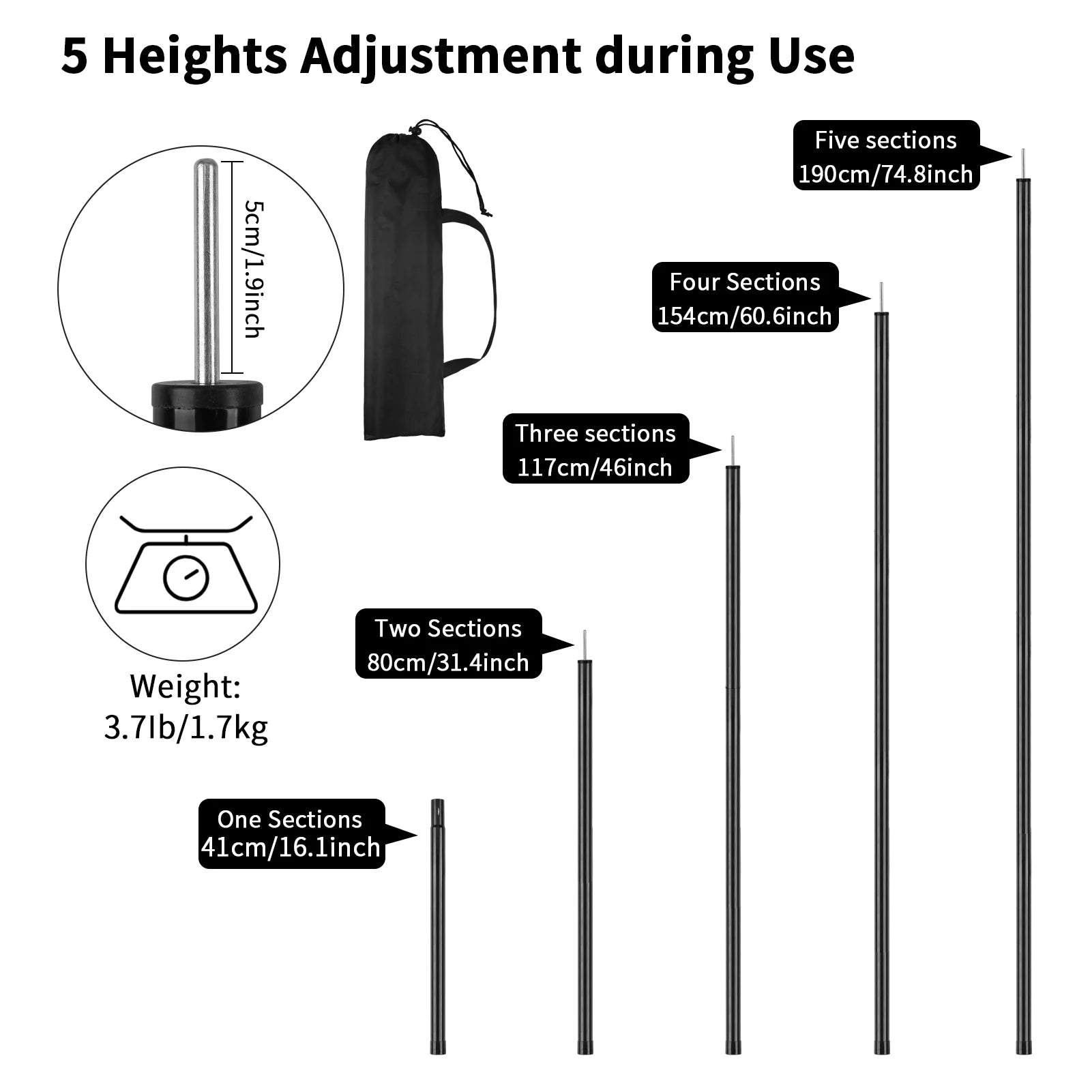 Tent Poles Camping Poles for Tarp Awning Canopy Shelter Sun Sail Tarpaulin Headroom Galvanized Steel Adjustable Telescoping Rods