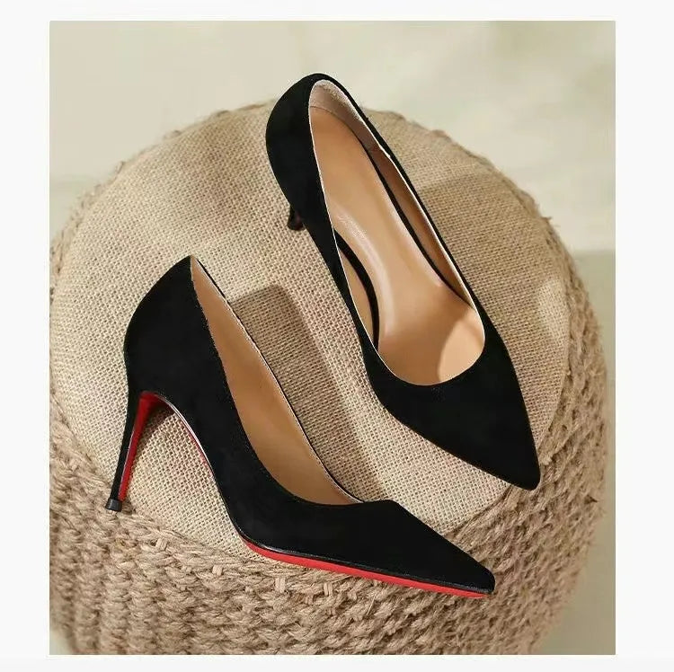 2022 Autumn New Women's High Heels Shoes Sexy Pointed Suede Red Shiny Bottom Pumps Fashionable Temperament Shallow Wedding Shoes