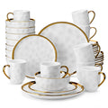 LOVECASA 16/32 Piece White Handmade Dinnerware Set with Gold Trim Stonewre Set Dinner Plate/Dessert Plate/Cup/Bowl Tableware Set