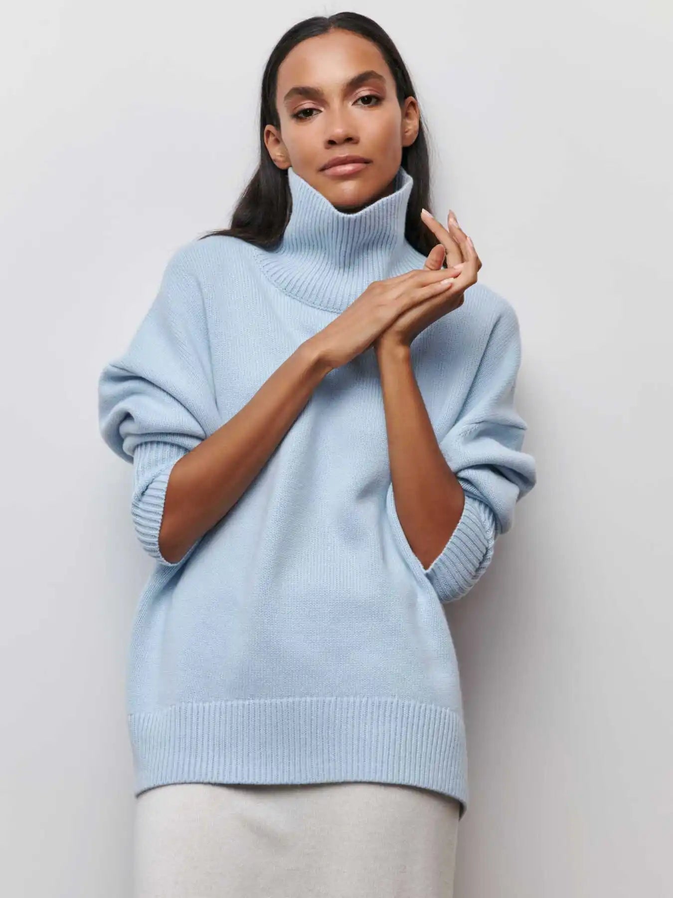 Original Light Luxury O-neck Knit Sweater Autumn and Winter Women's Elegant Loose Mock Neck Solid Color Warm Outerwear Sweater