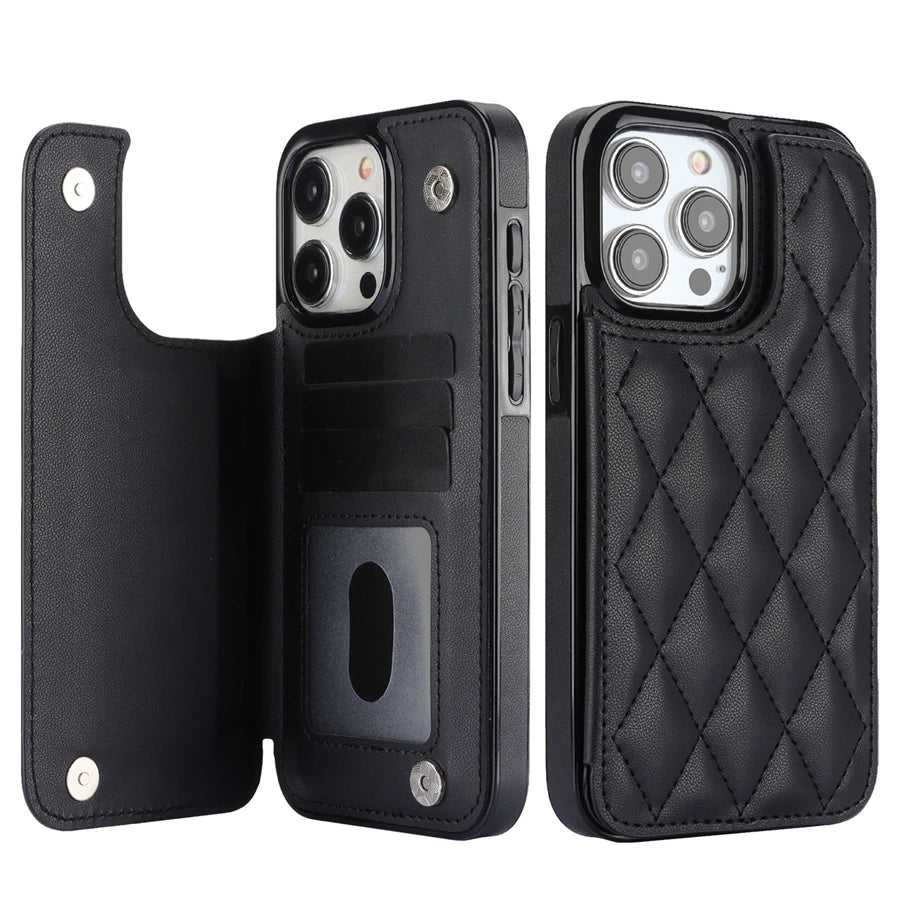 Card Slot Flip Leather Case For iPhone 16e 15 Pro Max 14 13 12 11 SE 3 2 XS XR 8 7 Plus Wallet Double Button Small Fragrant Wind