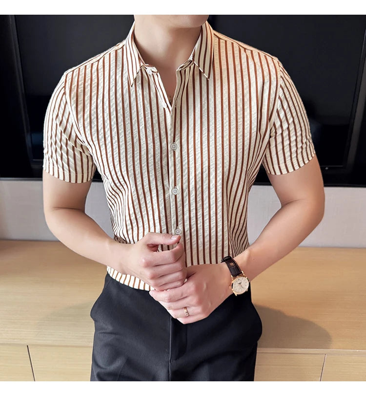 Men Striped Shirt 2026 Summer Light and Thin Breathable Sweat Absorbing Short Sleeved Slim Fit Casual Pleated Shirt Men Clothing