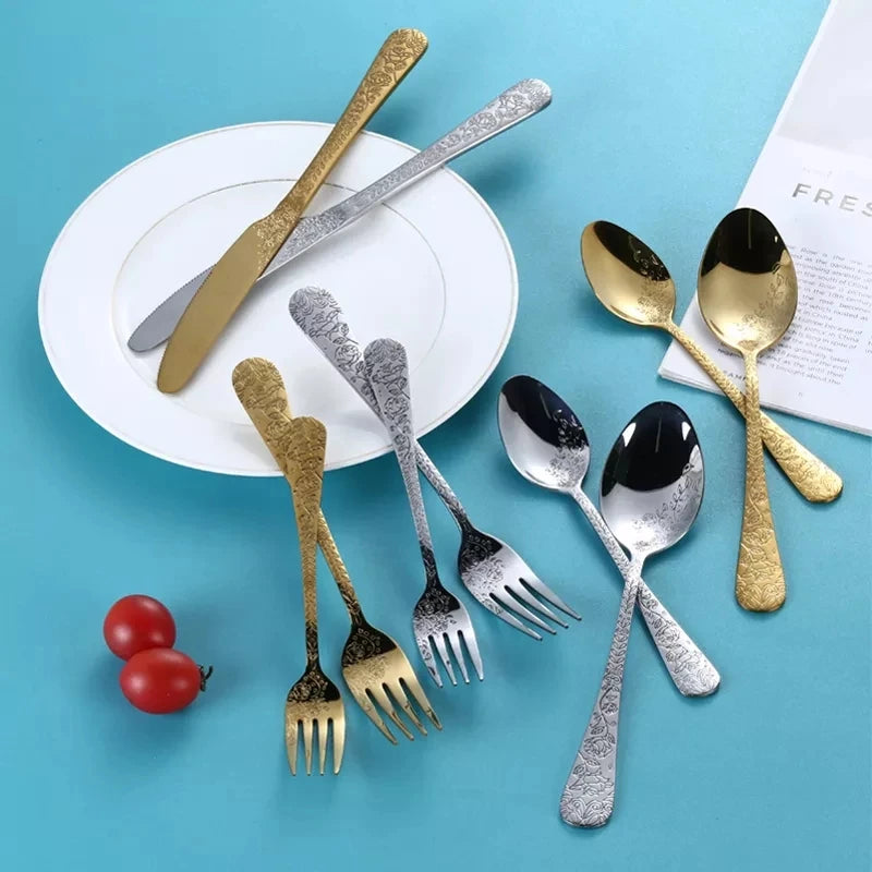 High Quality Cutlery Set Handle Exquisite carving Stainless Steel Golden Tableware Knife Fork Spoon Flatware Set Silverware Set