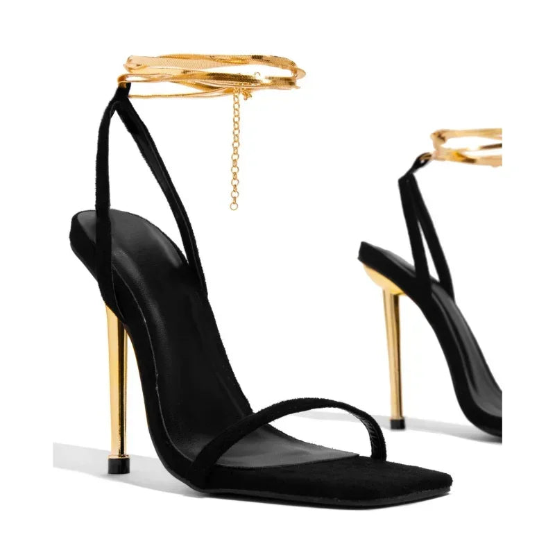 2024 Sexy Women's Gold Padlock High Heels Sandals Woman Thin Single Strap Metal Stiletto Sandals Gold Heel Shoes 36-43