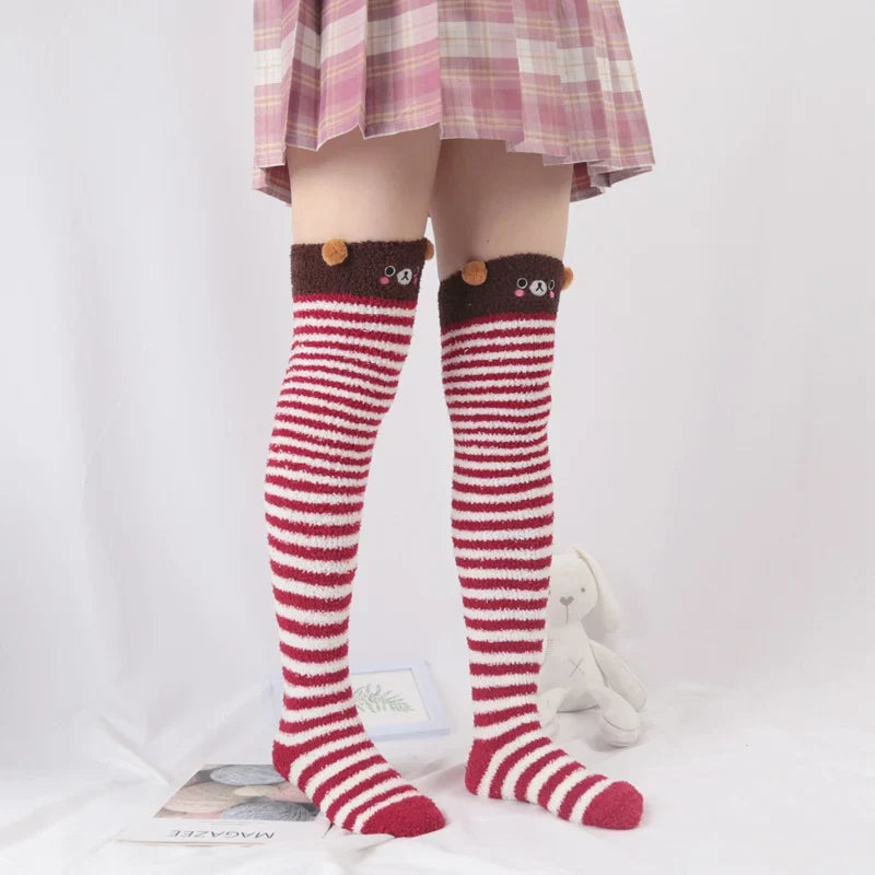 Women Girl Cute Winter Striped Coral Velvet Long Socks Warm Thicke Knee Length Socks Cute Bear Fox Sheep Home Towel Stockings