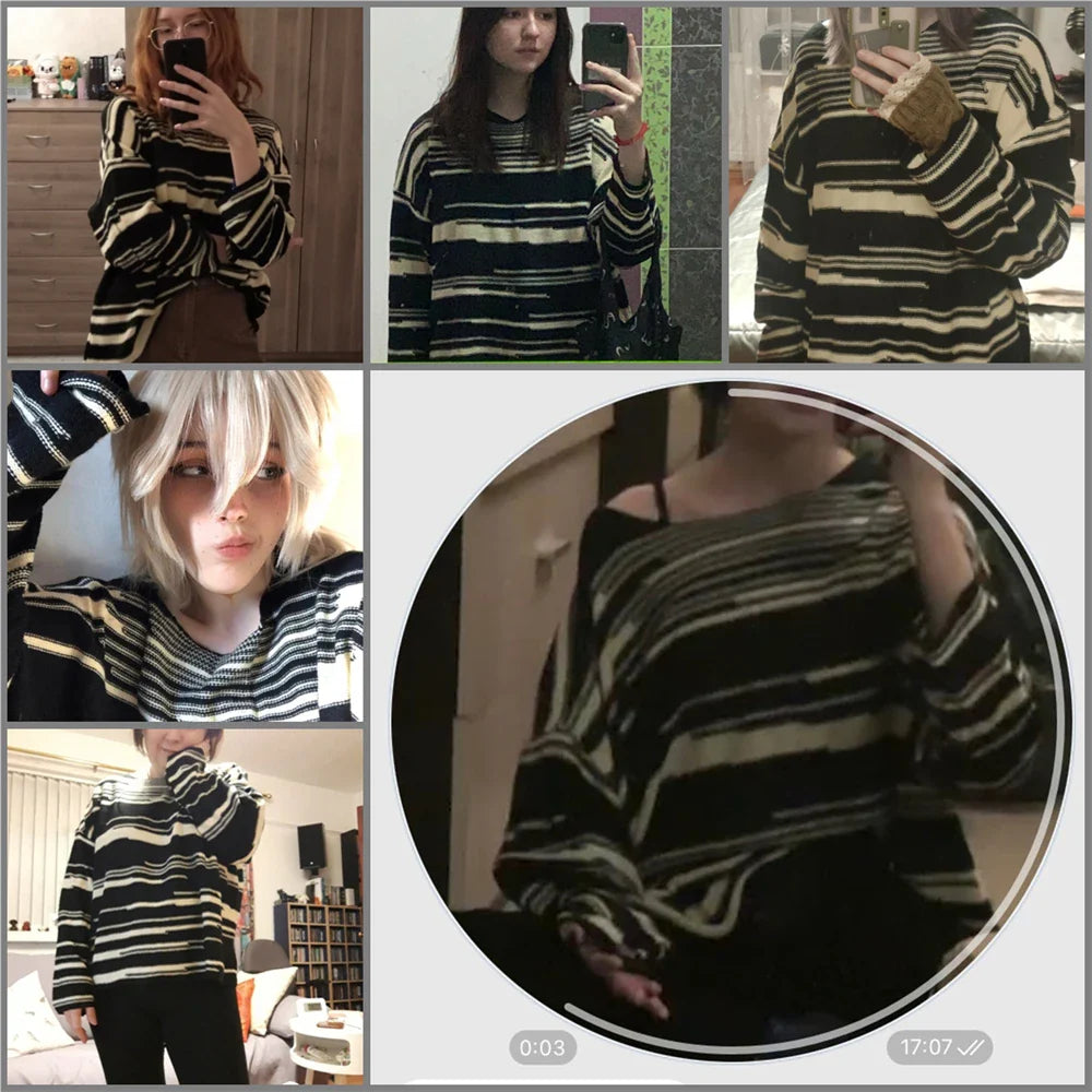 LMQ NEW Women Punk Gothic Striped Long Sleeve Loose Patchwork Sweater Hip Hop Retro Oversize Pullover Casual Knitted Jumpers