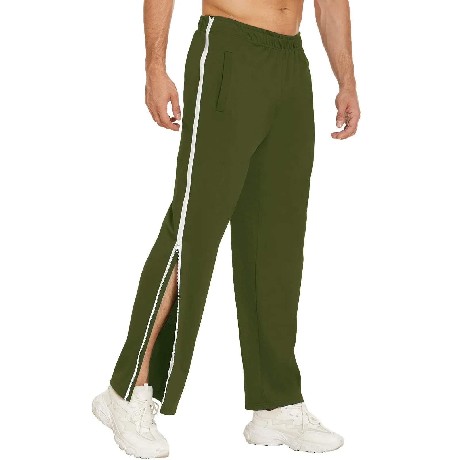 Men Sweatpants Elastic Waistband Pockets Splicing Color Mid-Rise Long Trousers Wide Leg Side Zipper Tear Away Basketball Pants