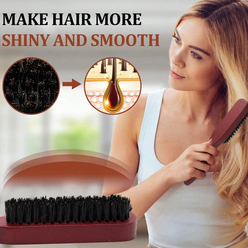 2pcs Premium Bristle Hairbrush with Wooden Handle-Reduces Frizz and Static- Scalp Massage Bristle Brush Set for All Hair Types