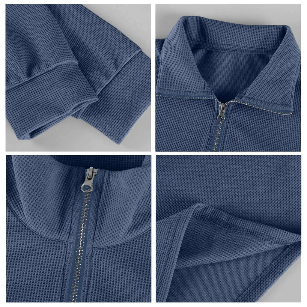 New Sweatshirts For Men Spring Waffle Long-sleeved T-shirt Men's Casual Loose Zipper Polo Collar Tees Tops Man Outwear