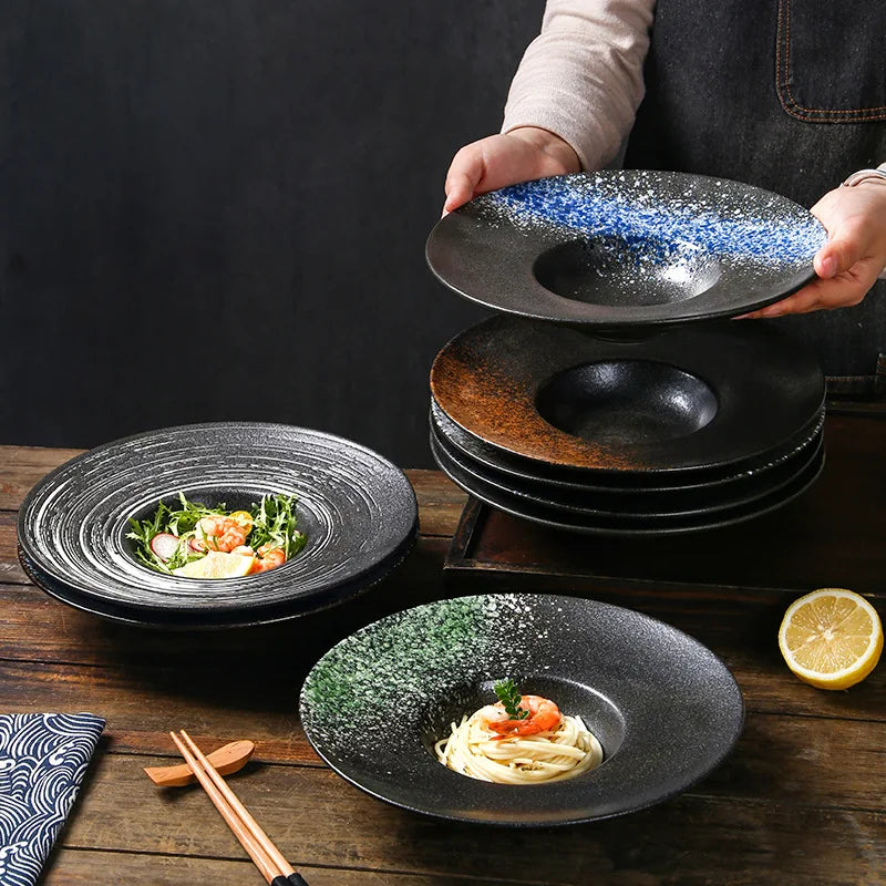 Italian Straw Hat Plate Commercial Italian Noodle Western Salad Plate Japanese Vintage Ceramic Plate UFO Round Deep Soup