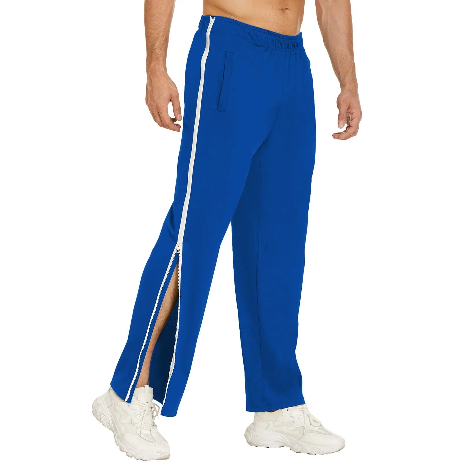 Men Sweatpants Elastic Waistband Pockets Splicing Color Mid-Rise Long Trousers Wide Leg Side Zipper Tear Away Basketball Pants