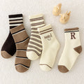 Five pairs of boys' socks for autumn and winter, trendy and versatile alphabet striped looped mid-calf socks