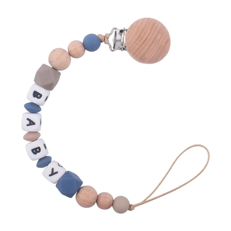 Custom Personalized Name Pacifier Holder Chain Handmade Beech Wooden Clip Cilicone Teether Baby Teething Toy Newborn Chew Gift