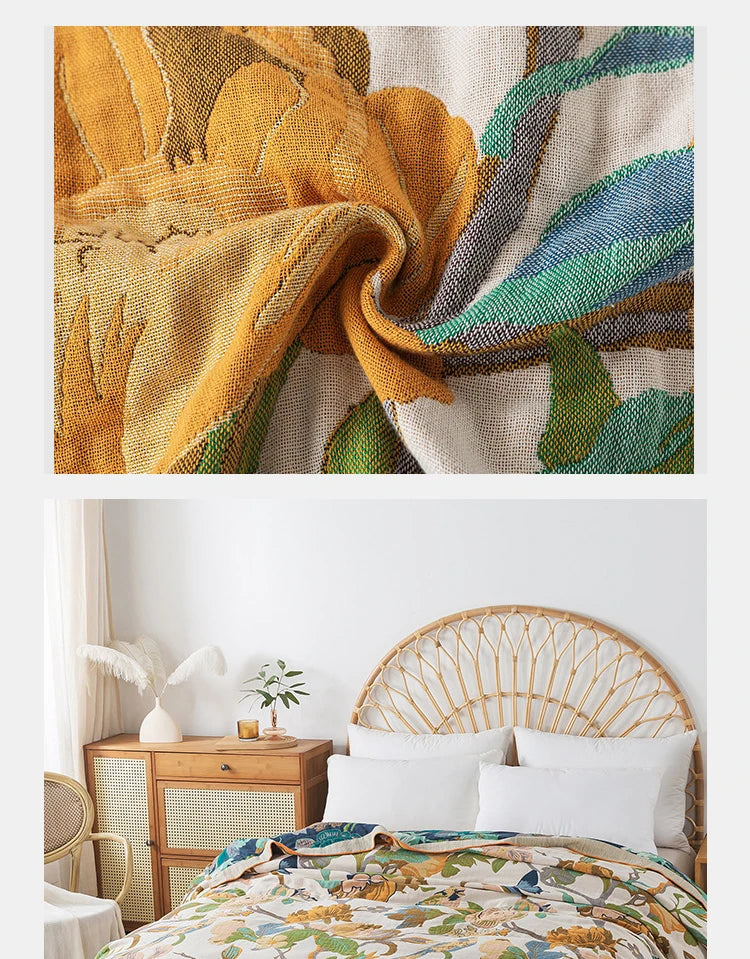 Bedspread On The Bed Cotton Gauze Floral Pattern Towel Coverlet 4 Layer Of Terry Quilts Single Double Bed Cover Blanket 200*230