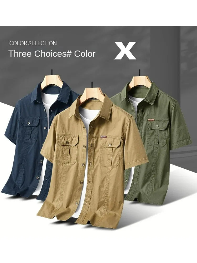 Summer Short Sleeve Shirt Men 100 Cotton Refreshing Breathable Sweat Absorbing Shirt Climbing Work Clothes Pocket Fishing Shirt