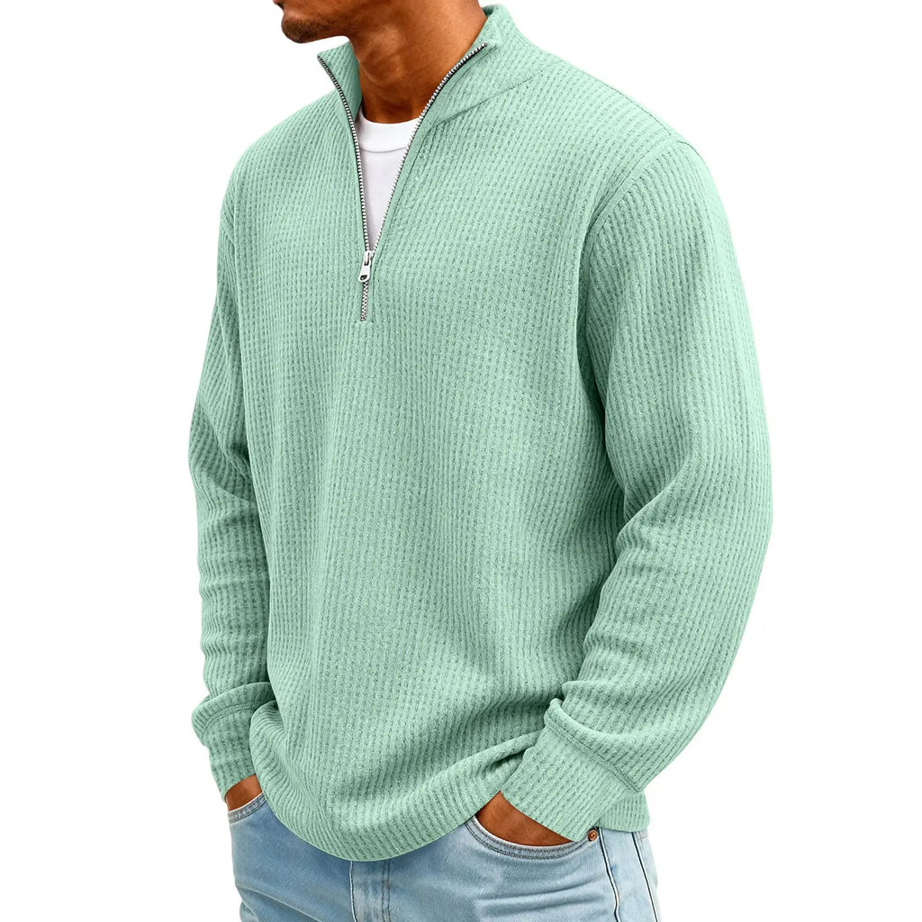 New Sweatshirts For Men Spring Waffle Long-sleeved T-shirt Men's Casual Loose Zipper Polo Collar Tees Tops Man Outwear