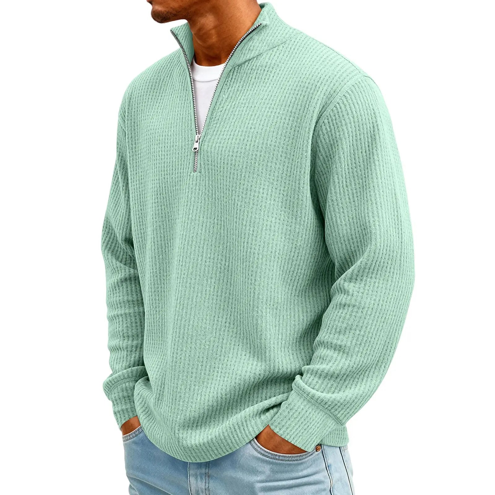 New Sweatshirts For Men Spring Waffle Long-sleeved T-shirt Men's Casual Loose Zipper Polo Collar Tees Tops Man Outwear
