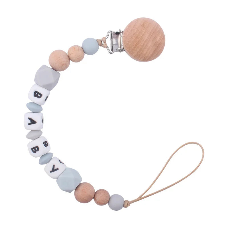 Custom Personalized Name Pacifier Holder Chain Handmade Beech Wooden Clip Cilicone Teether Baby Teething Toy Newborn Chew Gift