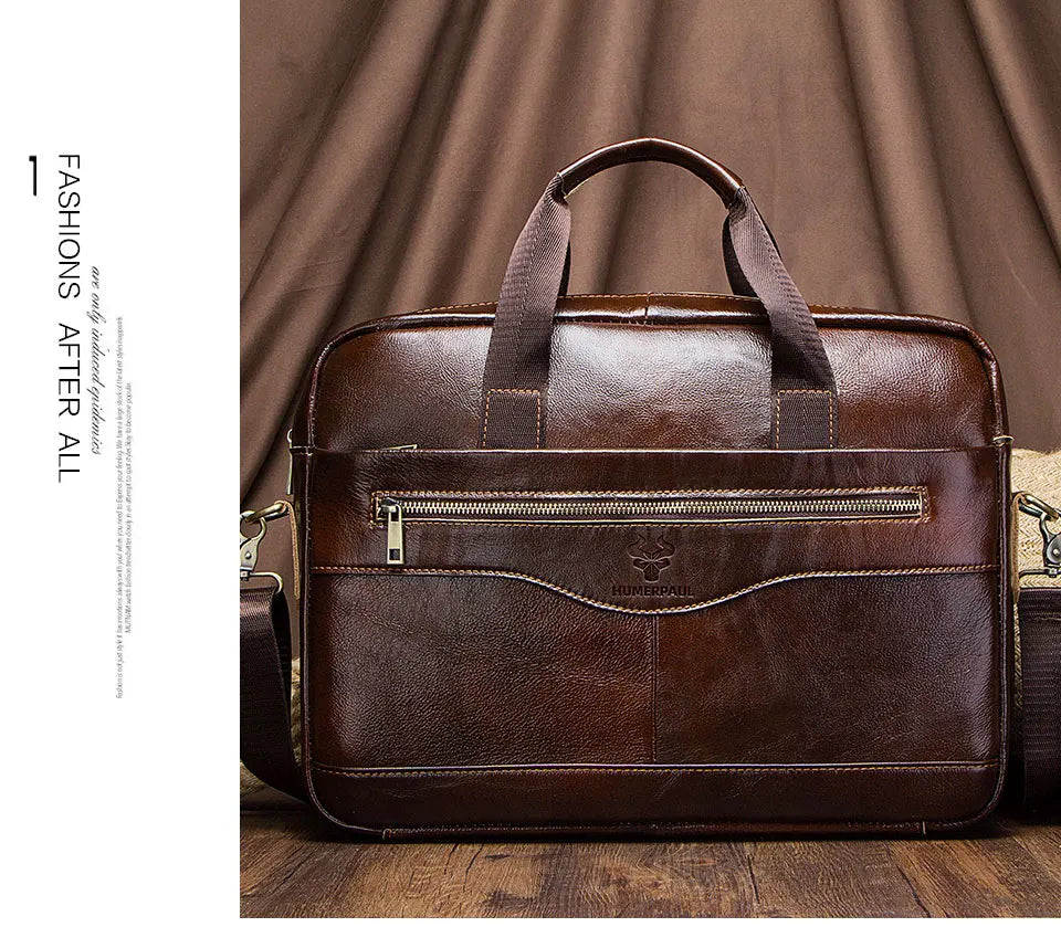 HUMERPAUL Briefcase Men Business Shoulder Messenger Bags Genuine Leather 15" Laptop Bag Men's Briefcase Office Business Handbag