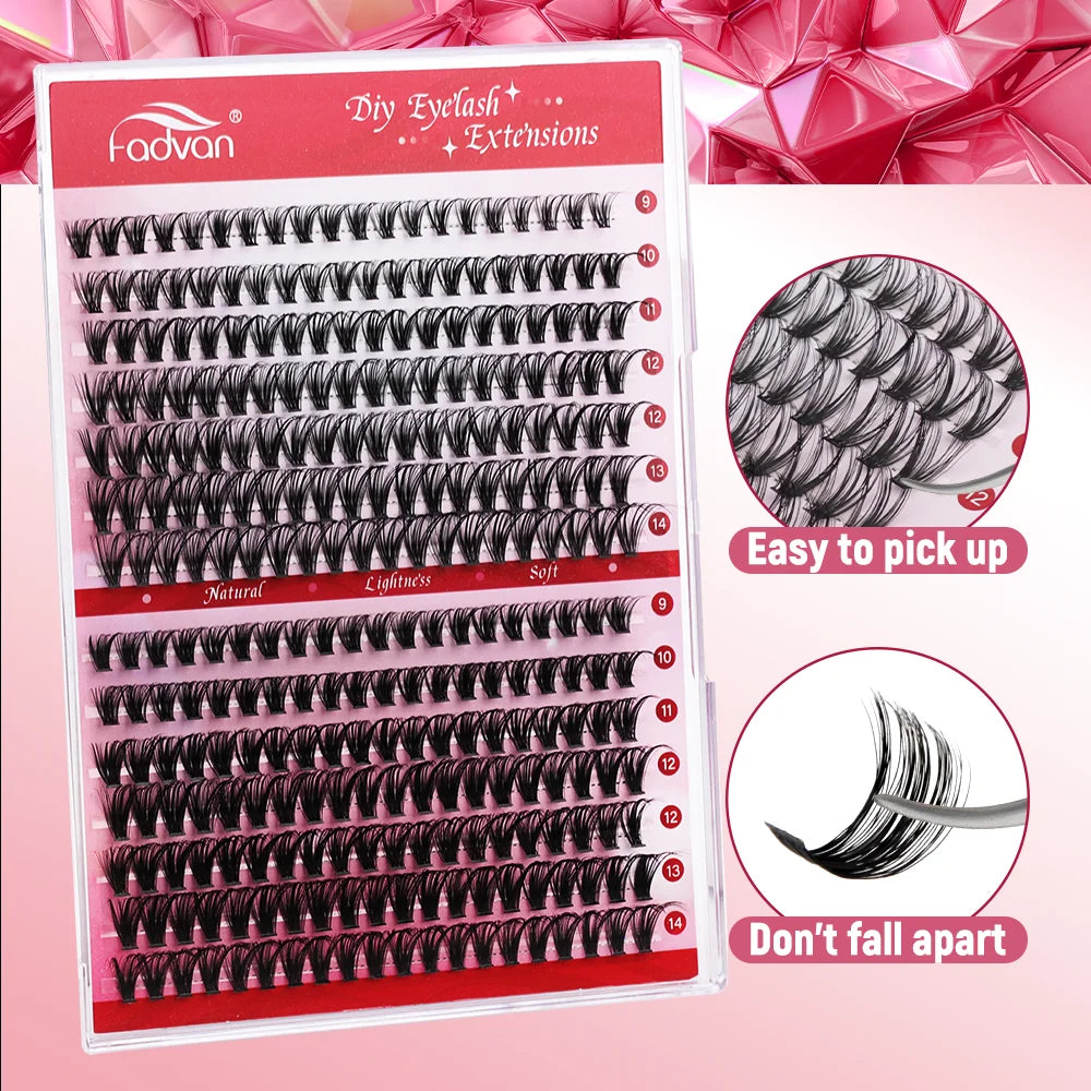 FADVAN Lashes 14 Row 30D+40D Cluster Lashes Upper Lower 0.07 D Mix10-16  Segmented Extens ion DIY