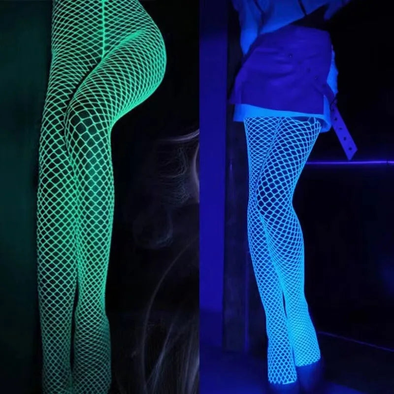 New Night Fluorescent Women's Long Socks Fishnet Body Stockings Curve Lingerie Mesh Fabric High Waist Sex Tights Sexy Bodysuits