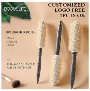 Personalized Boar Bristles Hair Brush Cork handle Round Barrel Hair Comb For Curling  Anti Static Roller HairBrush Wood Combs