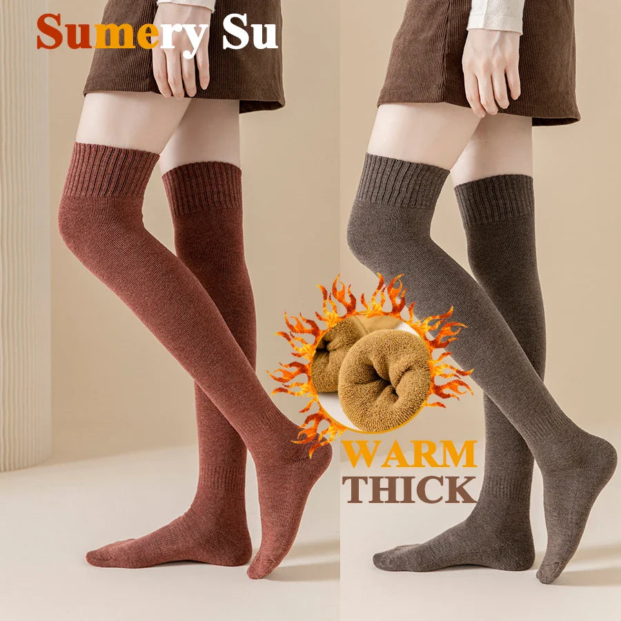 2 Pairs/Lot Winter Warm Thick Stockings Socks Women Over Knee High Hold Up Cotton Sexy Slim Ladies Girls Halloween Gift 6 Colors