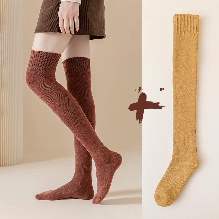 2 Pairs/Lot Winter Warm Thick Stockings Socks Women Over Knee High Hold Up Cotton Sexy Slim Ladies Girls Halloween Gift 6 Colors