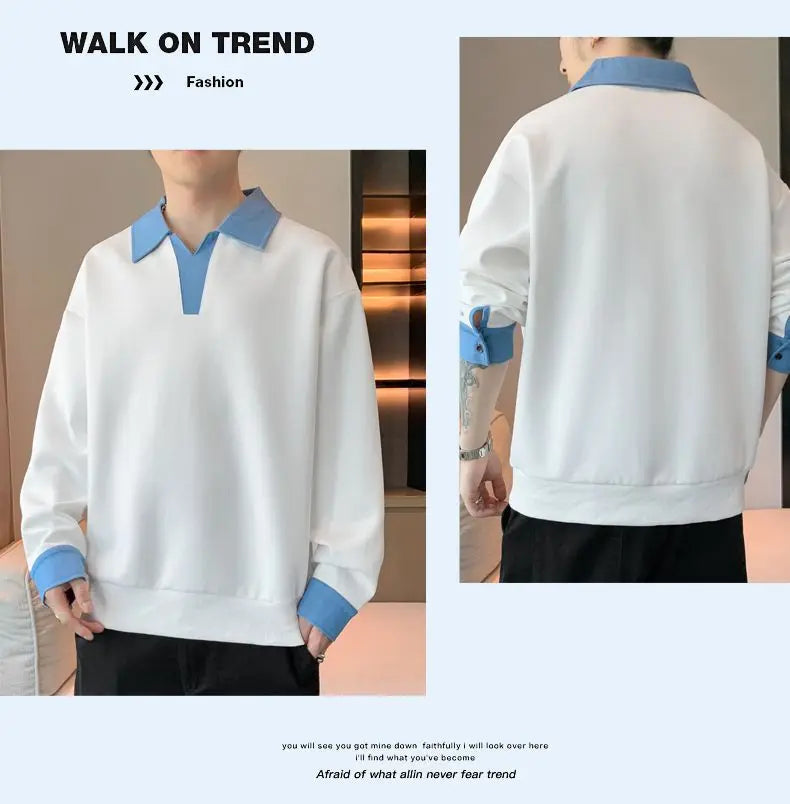 Men's Clothing Sweatshirts for Spring Autumn Two Pieces of Trendy Loose New Style Lapels Handsome Casual Long-sleeved Tops