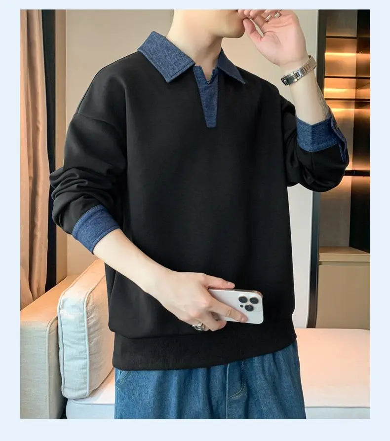 Men's Clothing Sweatshirts for Spring Autumn Two Pieces of Trendy Loose New Style Lapels Handsome Casual Long-sleeved Tops