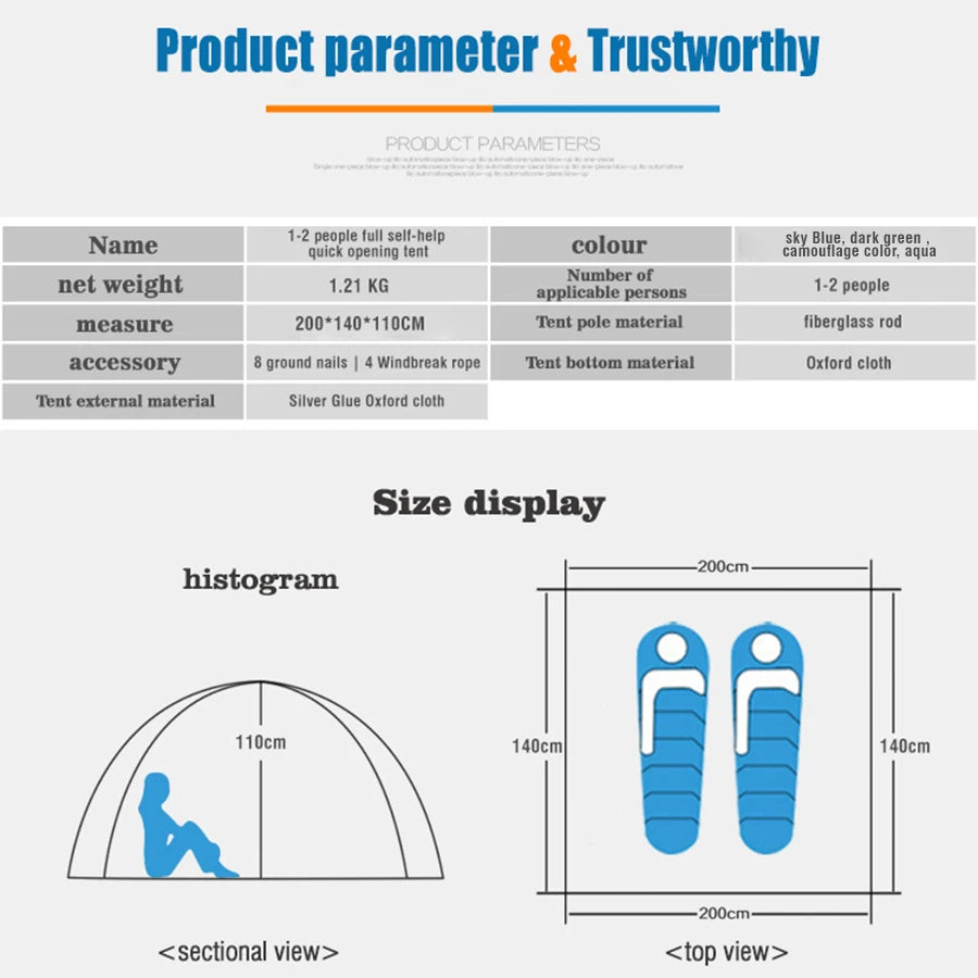 1/2 Person Tent For Outdoor Camping,Hiking,And Biking - Includes Footprint,Waterproof,Windproof,Packs Light And Compact,