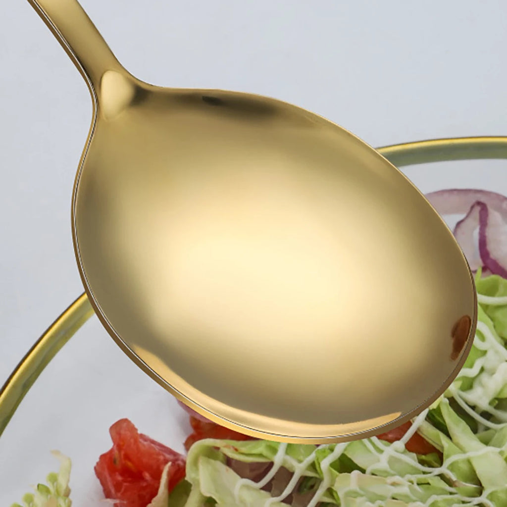 2Pcs Gold Salad Spoon Fork Stainless Steel Salad Server European Style Salad Cutlery Set Kitchen Tool Accessories