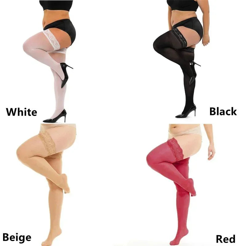 Lace Knee Thigh High Elastic Fishnet Stockings Sexy Transparent Thin Black Stocking White Plus Size Long Socks for Women Summer