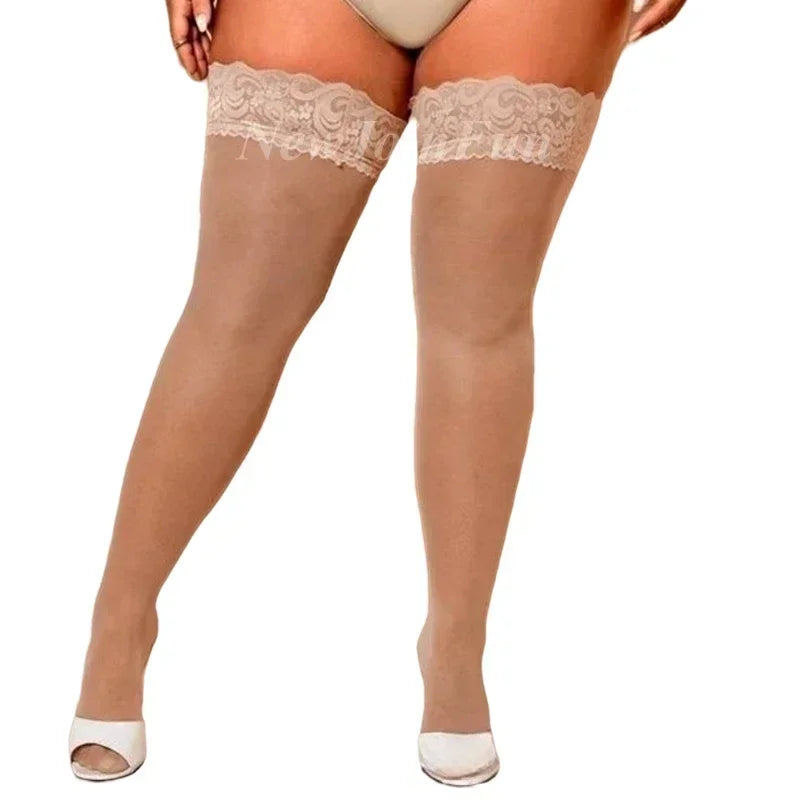 FREEAUCE Women Large Plus Size Stockings with Anti-slip Oversized Lace XXXL Thigh High Sheer Fishnet Black Long Knee Socks
