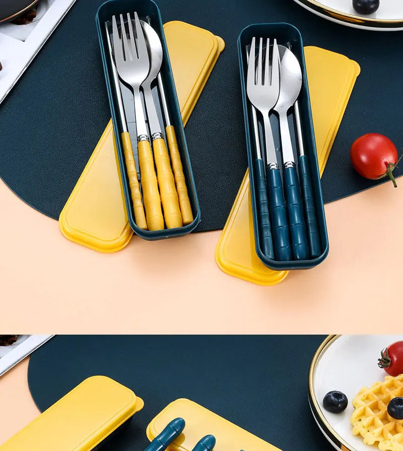3pcs Portable Dinnerware Kit Spoon Fork Chopstick Set Travel Flatware With Box Set Stainless Steel Travelling Dinnerware Set