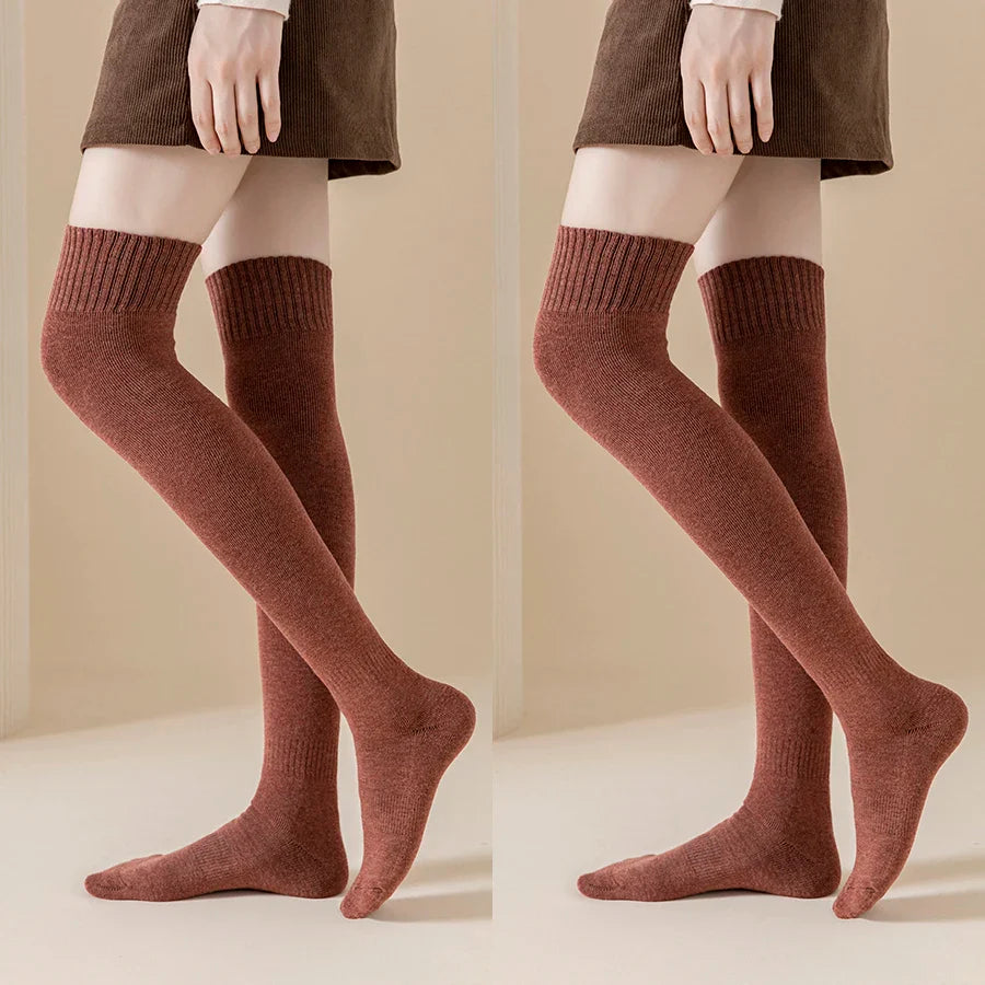 2 Pairs/Lot Winter Warm Thick Stockings Socks Women Over Knee High Hold Up Cotton Sexy Slim Ladies Girls Halloween Gift 6 Colors