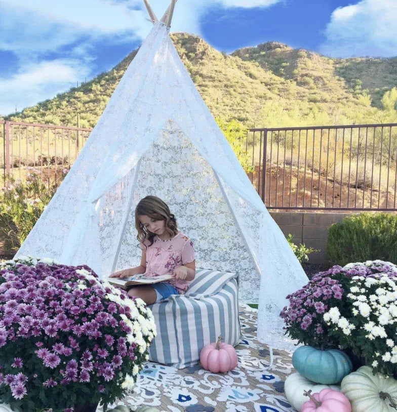 White Lace Teepee Tent for Kids Large Fairy Play House Indoor Wigwam Children Castle Wedding Party Photography Props Boho Decor