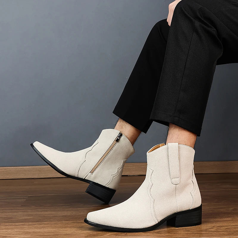 Men High Top Boots Solid Color Comfortable Breathable Fashionable Lightweight High Heeled Business Short Boots