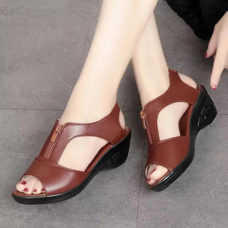 WOIZGIC Women Old Mother Laides Female Sandals Platform Shoes PU Leather Non Slip Beach Summer Cool Zipper Size 35-41 PGP-1153