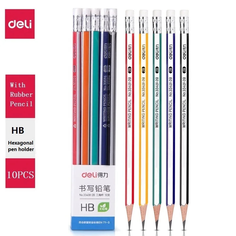 10pc/Set Deli HB 2B Wood Pencil Triangle/Hexagonal lapices With Eraser For Children Students Painting Writing School Office Home
