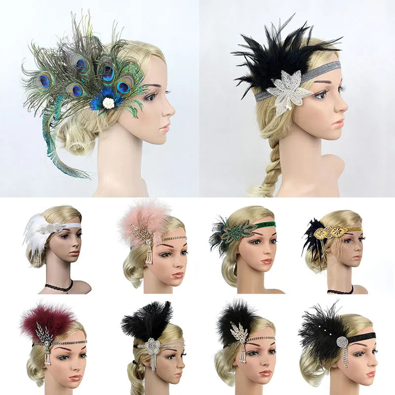 Hair Accessories For Women Girls Black Headband Rhinestone Sequin Vintage Party Headpiece Beaded Flapper Hair Feather Headband