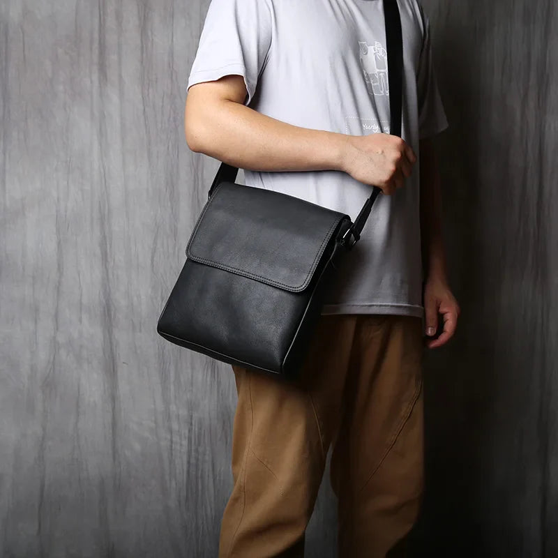New NZPJ-Leather Shoulder Bag for Men, Natural Cowhide, Vertical Crossbody Bag, Casual, Large Capacity, Flip, Zipper, 10 ", iPad