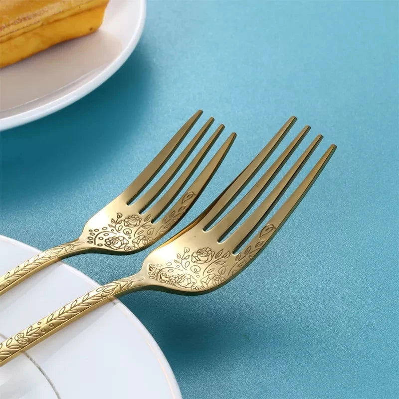 High Quality Cutlery Set Handle Exquisite carving Stainless Steel Golden Tableware Knife Fork Spoon Flatware Set Silverware Set