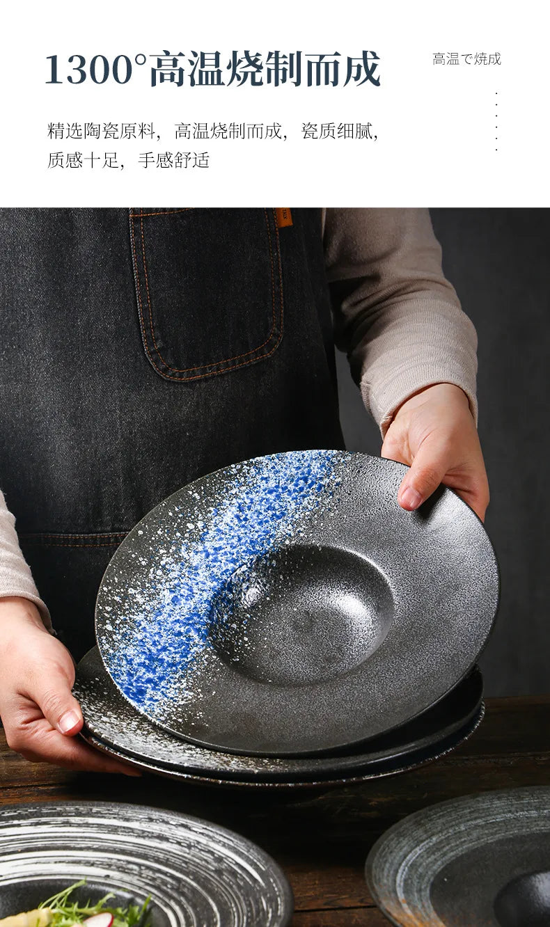 Italian Straw Hat Plate Commercial Italian Noodle Western Salad Plate Japanese Vintage Ceramic Plate UFO Round Deep Soup