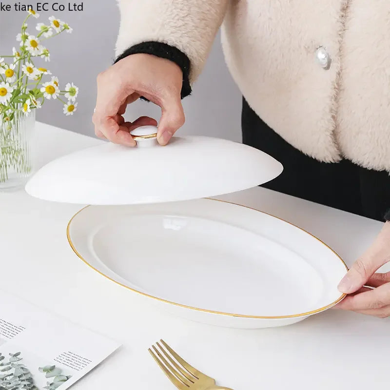 Steamed Fish Plate Oval Plate Abalone Juice Dish Sea Cucumber Plate Ceramic Dinnerware with Lid Hotel Restaurant dishes