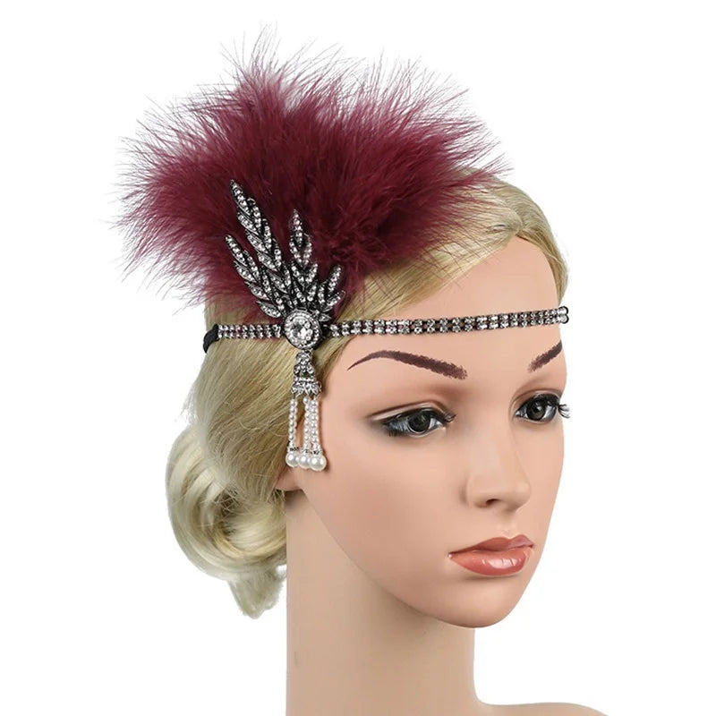 Hair Accessories For Women Girls Black Headband Rhinestone Sequin Vintage Party Headpiece Beaded Flapper Hair Feather Headband