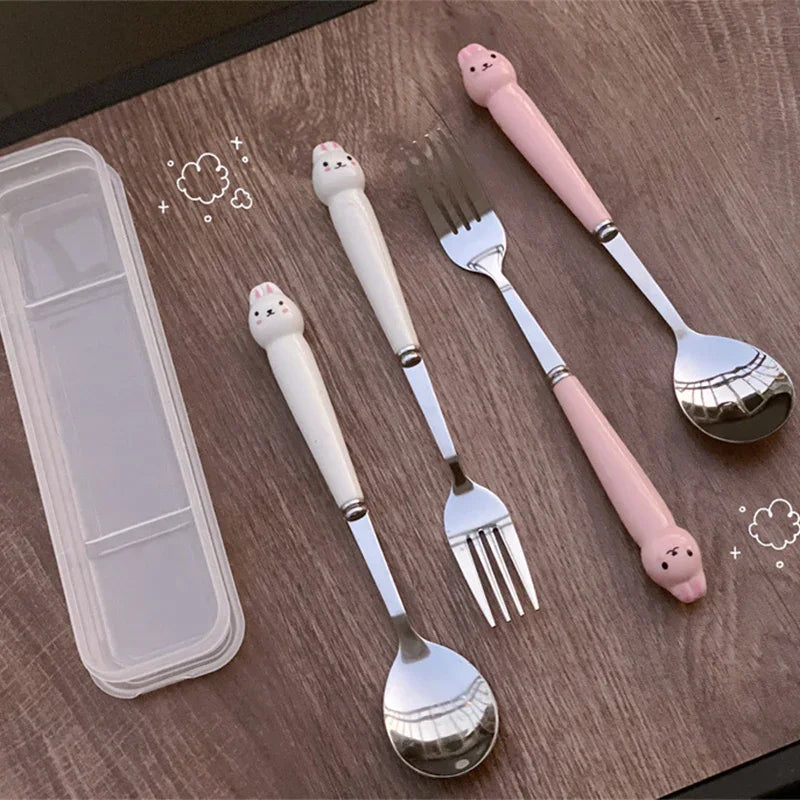 Cutlery Cartoon Rabbit Spoon Fork Chopsticks Sets Portable Lunch Tableware Stainless Steel Travel Dinnerware Kitchen Supplies