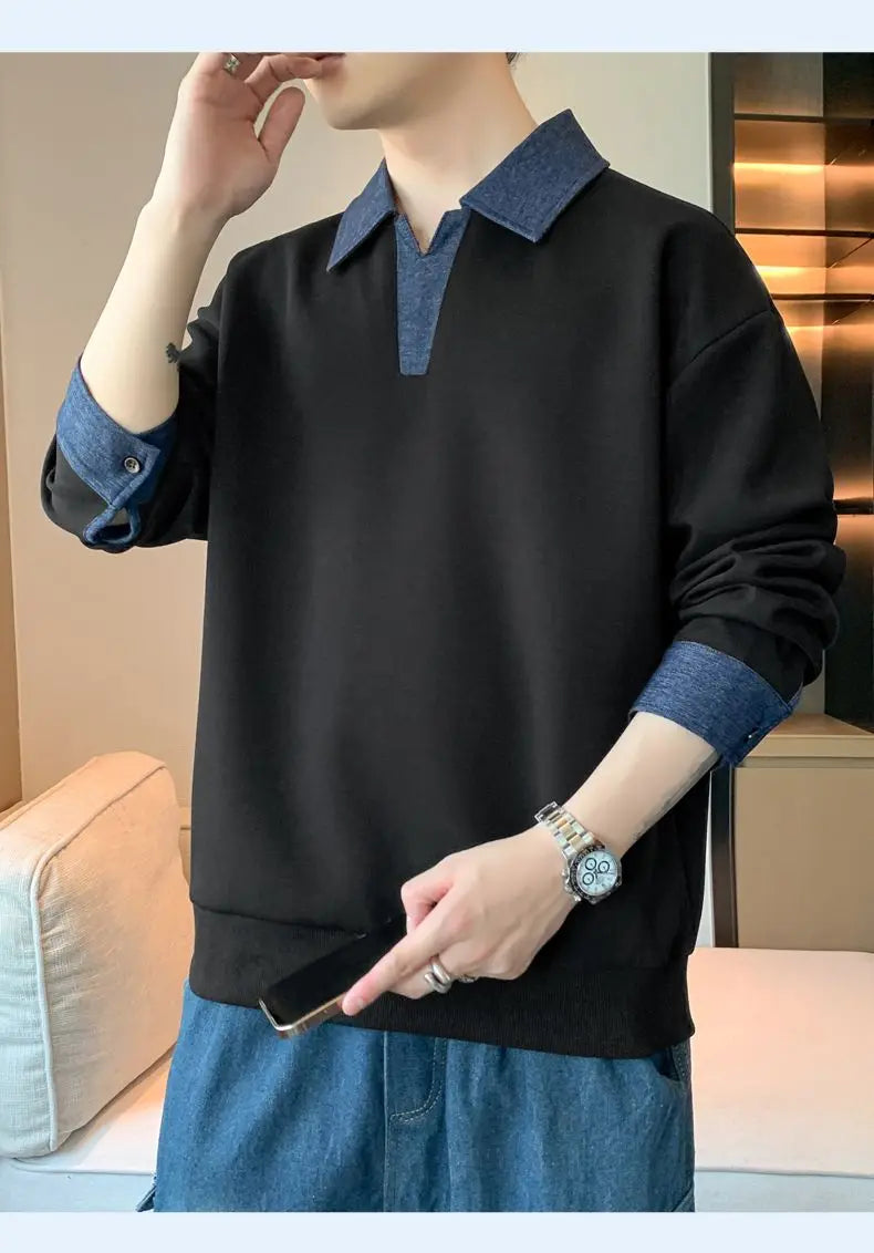 Men's Clothing Sweatshirts for Spring Autumn Two Pieces of Trendy Loose New Style Lapels Handsome Casual Long-sleeved Tops