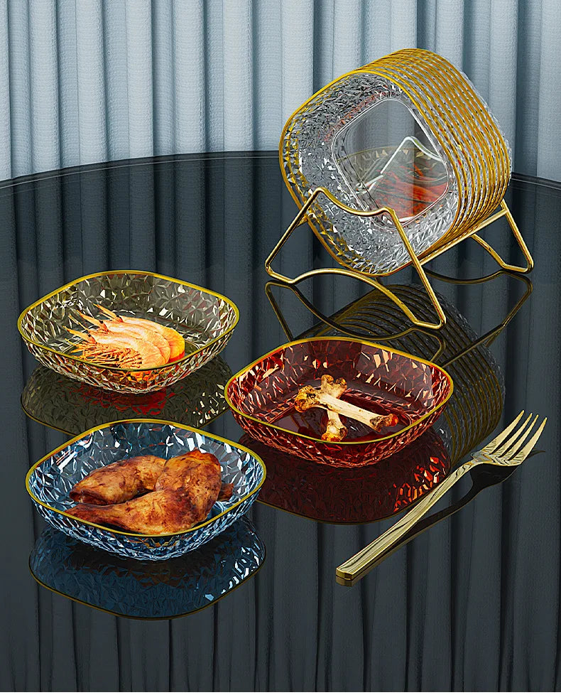 Fashion Fruit Plate Living Room Salad Plate Plastic Tray Home Decoration Golden Edge Stackable Snacks Serving Platter 4pcs/set