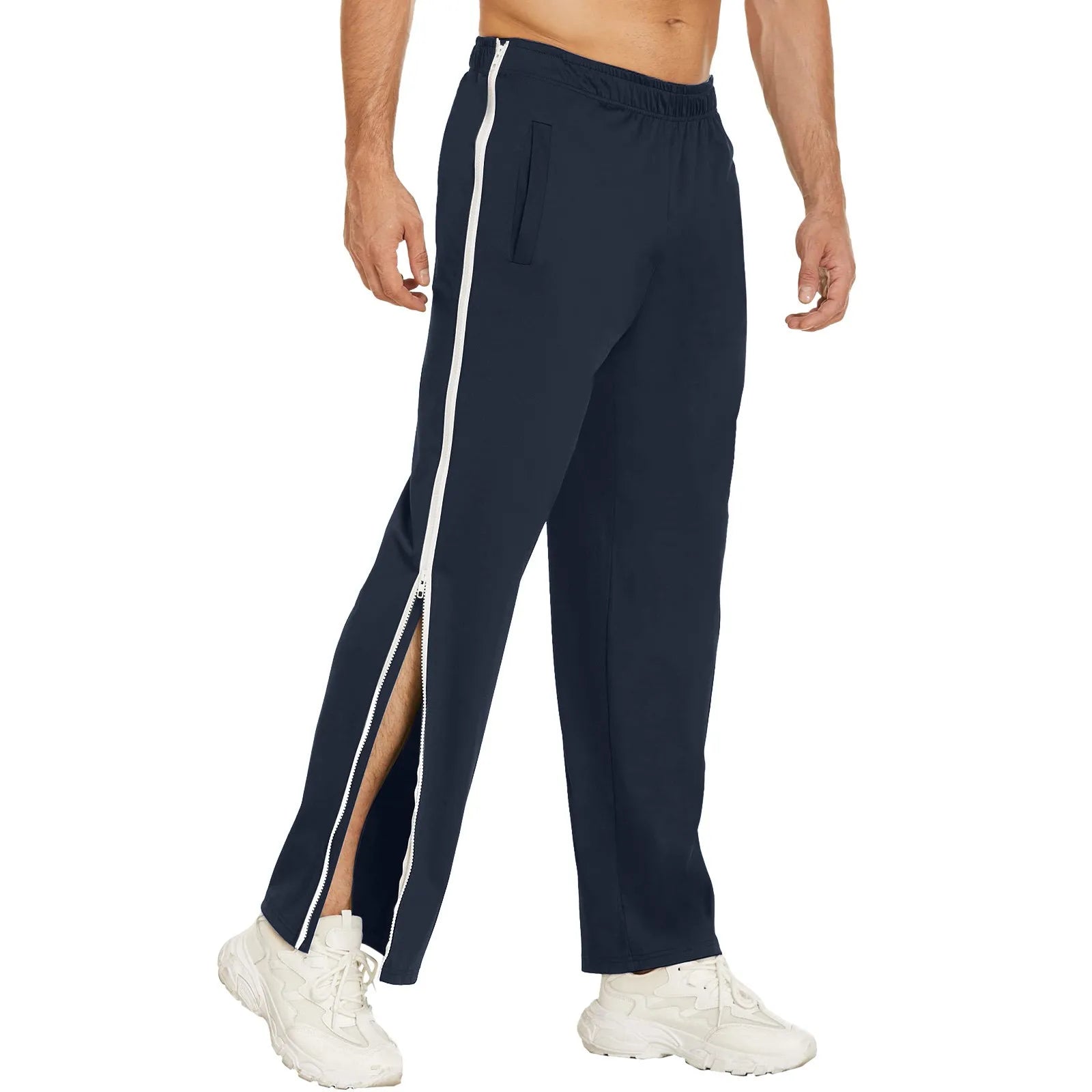 Men Sweatpants Elastic Waistband Pockets Splicing Color Mid-Rise Long Trousers Wide Leg Side Zipper Tear Away Basketball Pants